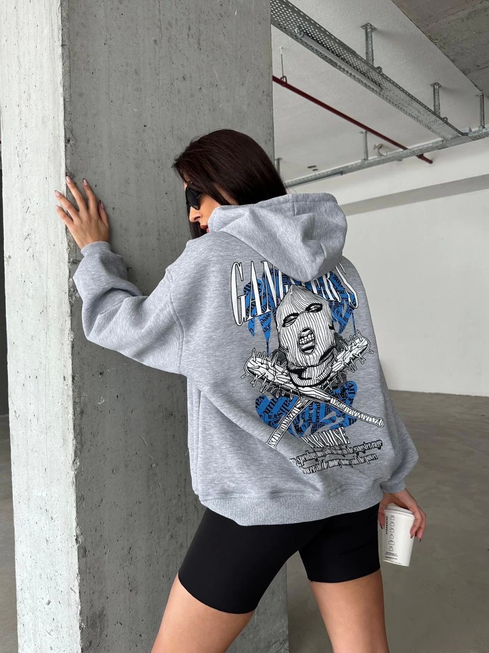 3 iplik şardonlu oversize kafa baskılı sweat gri - Lisinya
