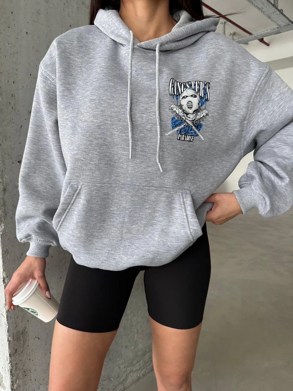 3 iplik şardonlu oversize kafa baskılı sweat gri - Lisinya