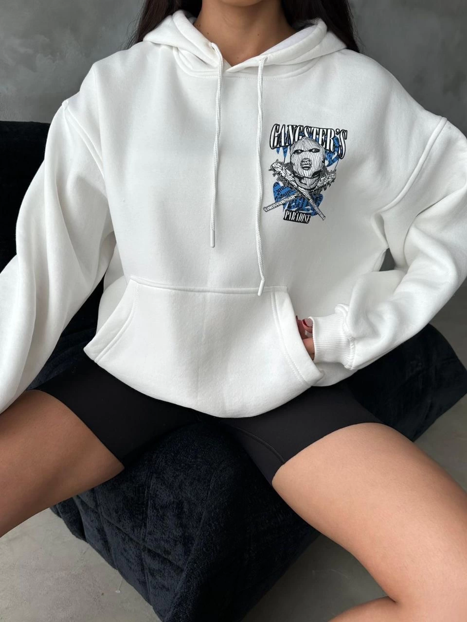3 iplik şardonlu oversize kafa baskılı sweat beyaz - Lisinya