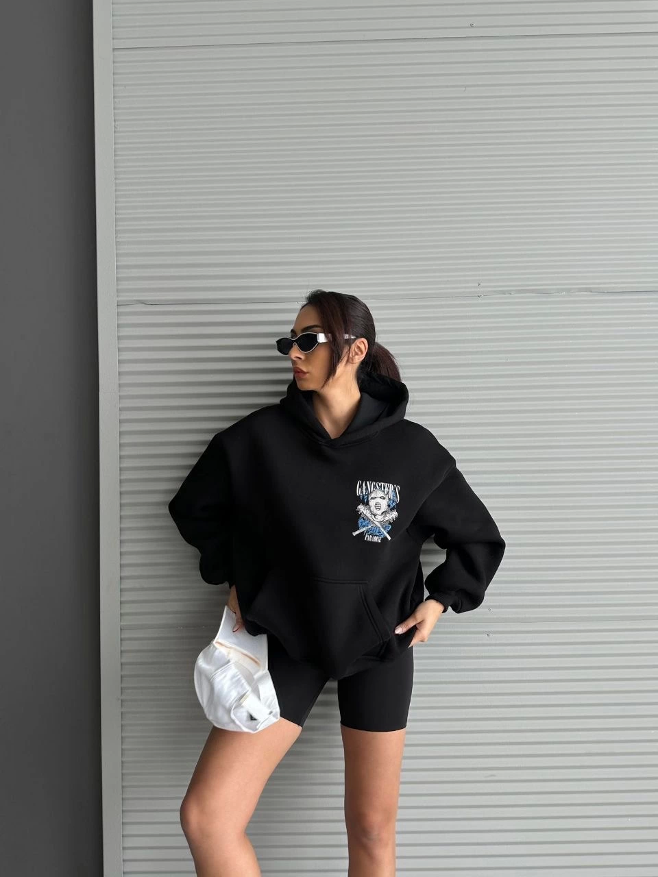 3 iplik şardonlu oversize kafa baskılı sweat siyah - Lisinya