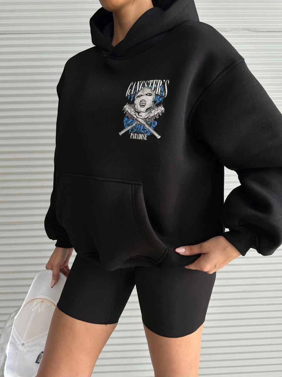 3 iplik şardonlu oversize kafa baskılı sweat siyah - Lisinya