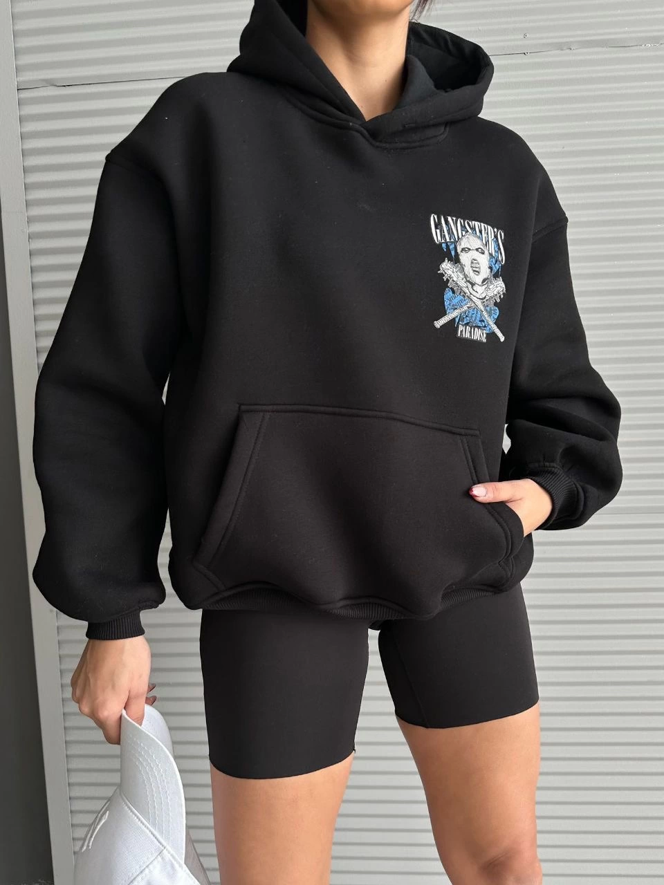 3 iplik şardonlu oversize kafa baskılı sweat siyah - Lisinya
