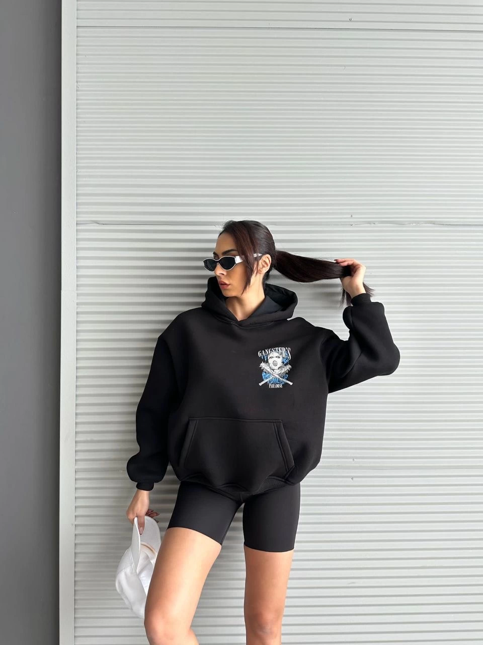 3 iplik şardonlu oversize kafa baskılı sweat siyah - Lisinya