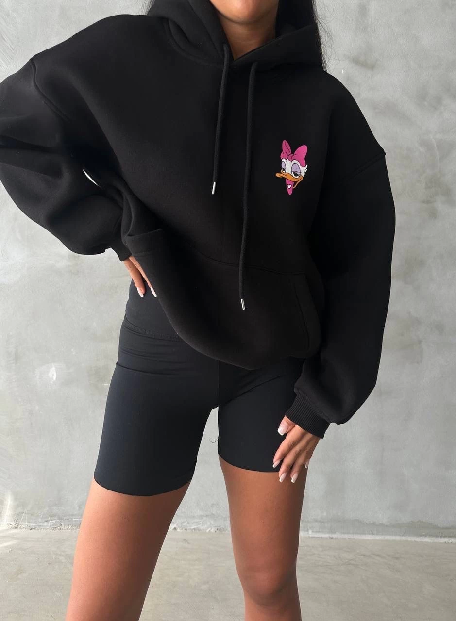 3 iplik şardonlu oversize compact ördek baskılı sweat siyah - Lisinya
