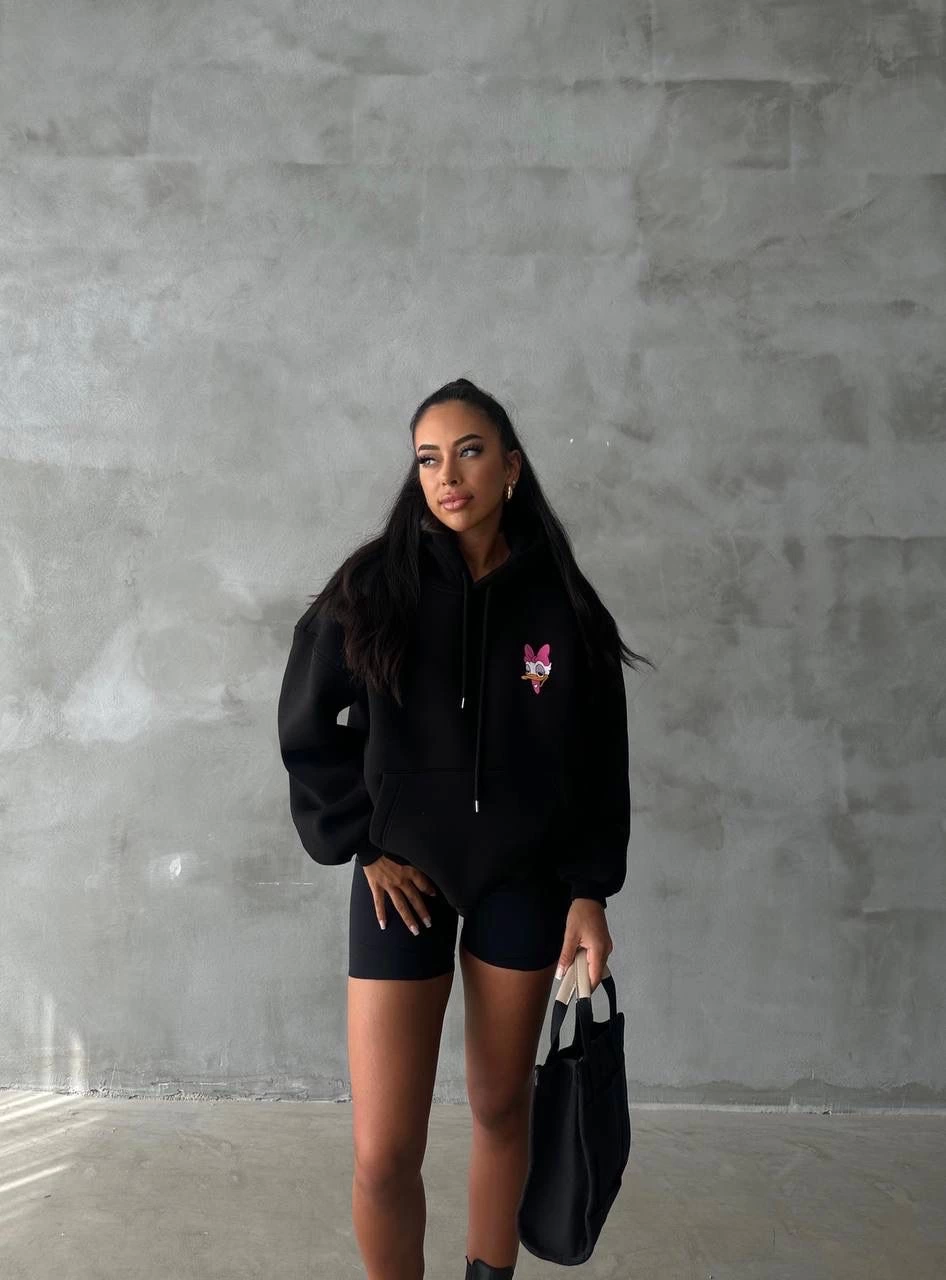 3 iplik şardonlu oversize compact ördek baskılı sweat siyah - Lisinya