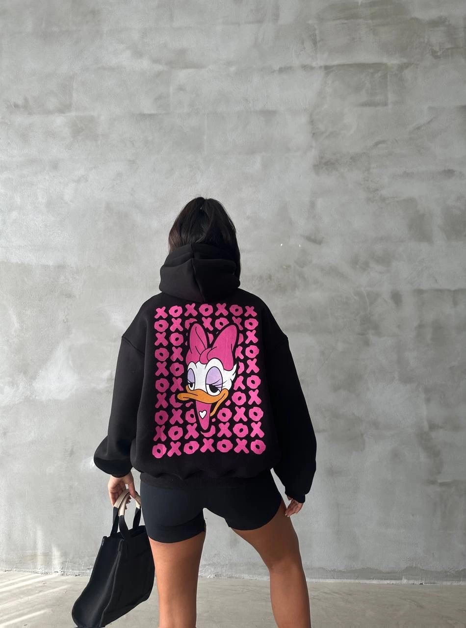 3 iplik şardonlu oversize compact ördek baskılı sweat siyah - Lisinya