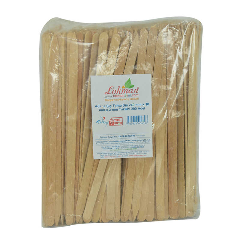 Lisinya214 Adana Şiş Tahta Şiş 240 mm x 10 mm x 2 mm Takribi 200 Adet 1 Paket