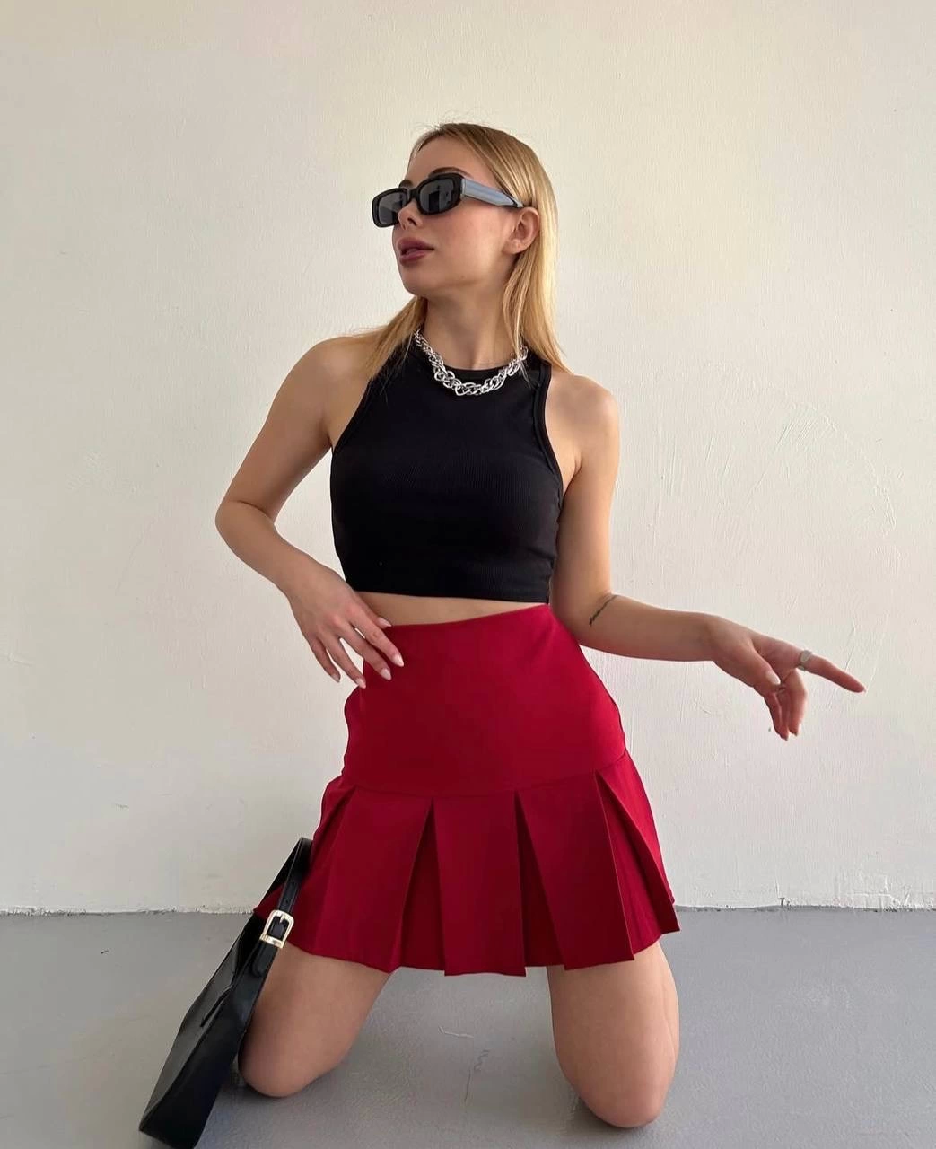 Altı geniş pileli etek bordo s24729 - Lisinya