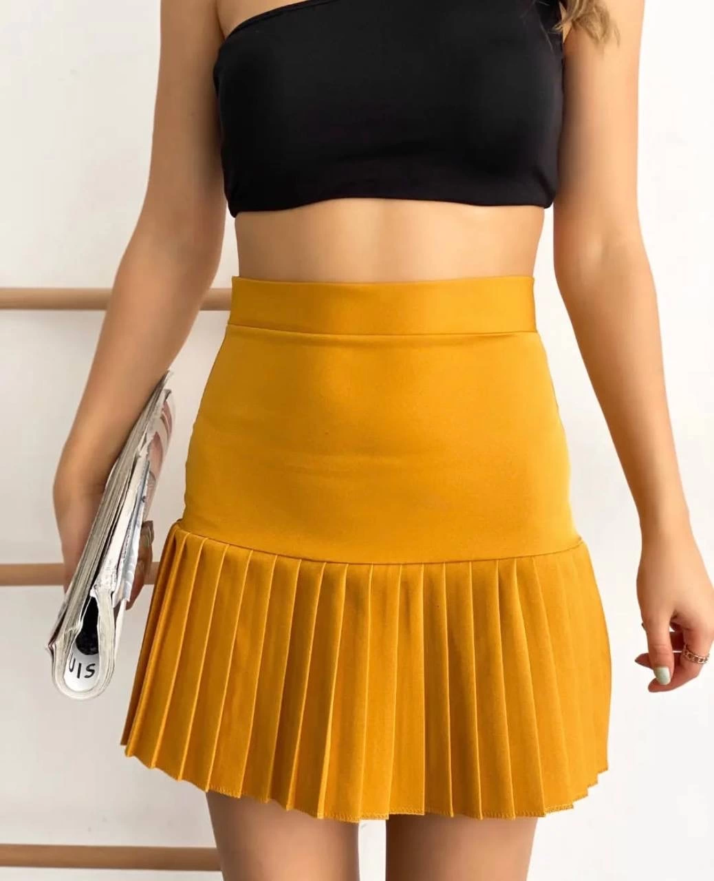 Altı pliseli mini etek hardal s24705 - Lisinya