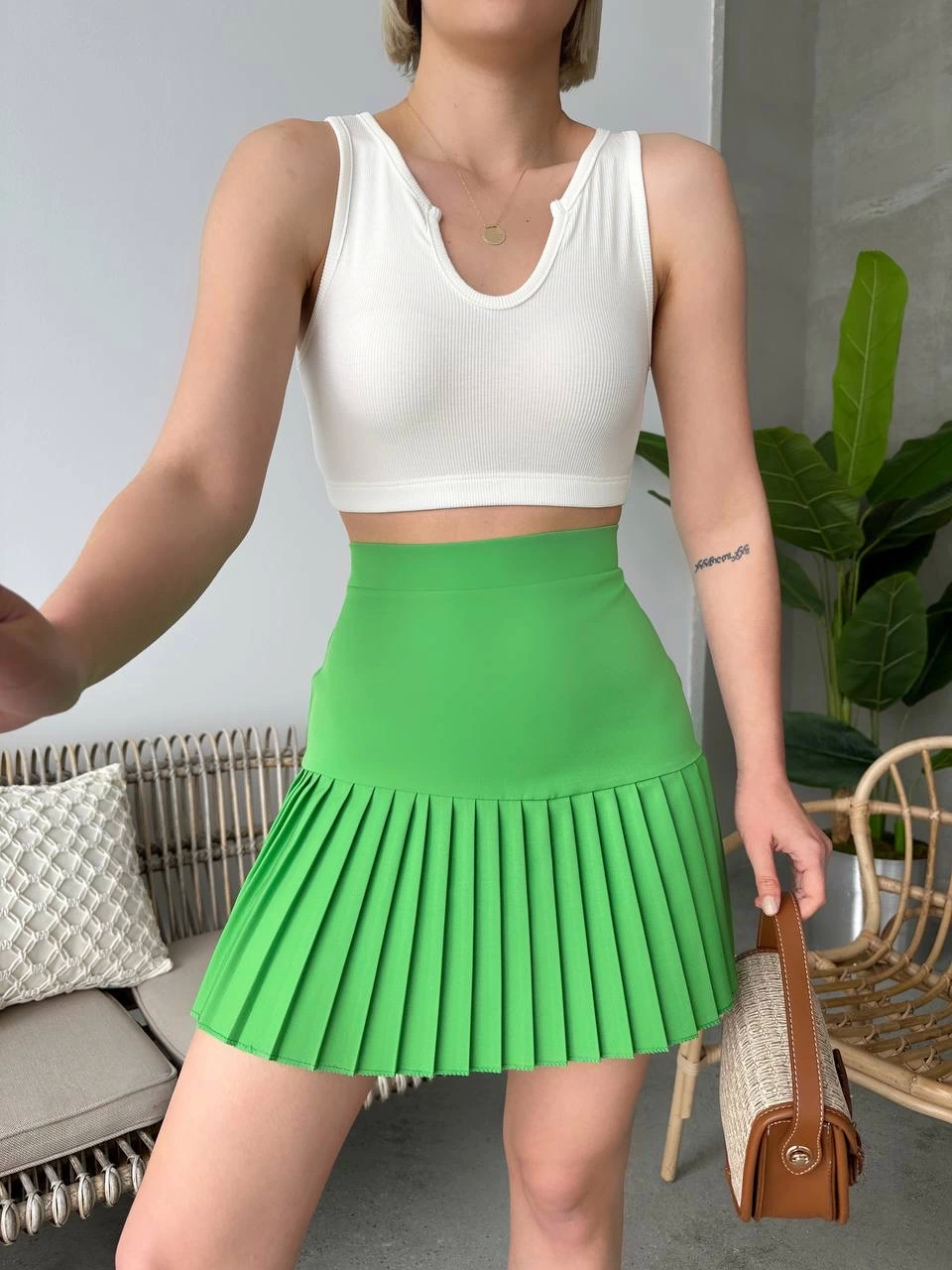 Altı pliseli mini etek yeşil s24705 - Lisinya