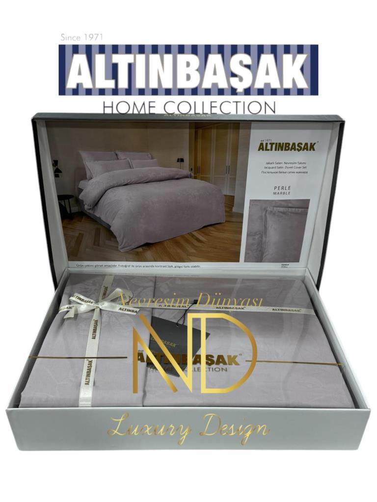 Jakarlı Saten Çift Kişilik Nevresim Takımı Perle Marble