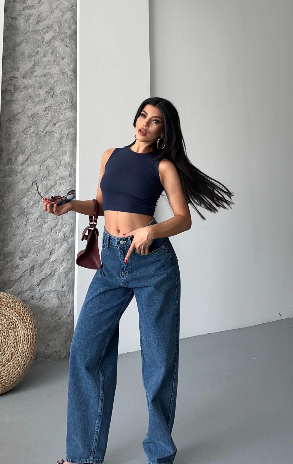 Baggy kar yıkama jeans pantolon koyu mavi d2007 - Lisinya