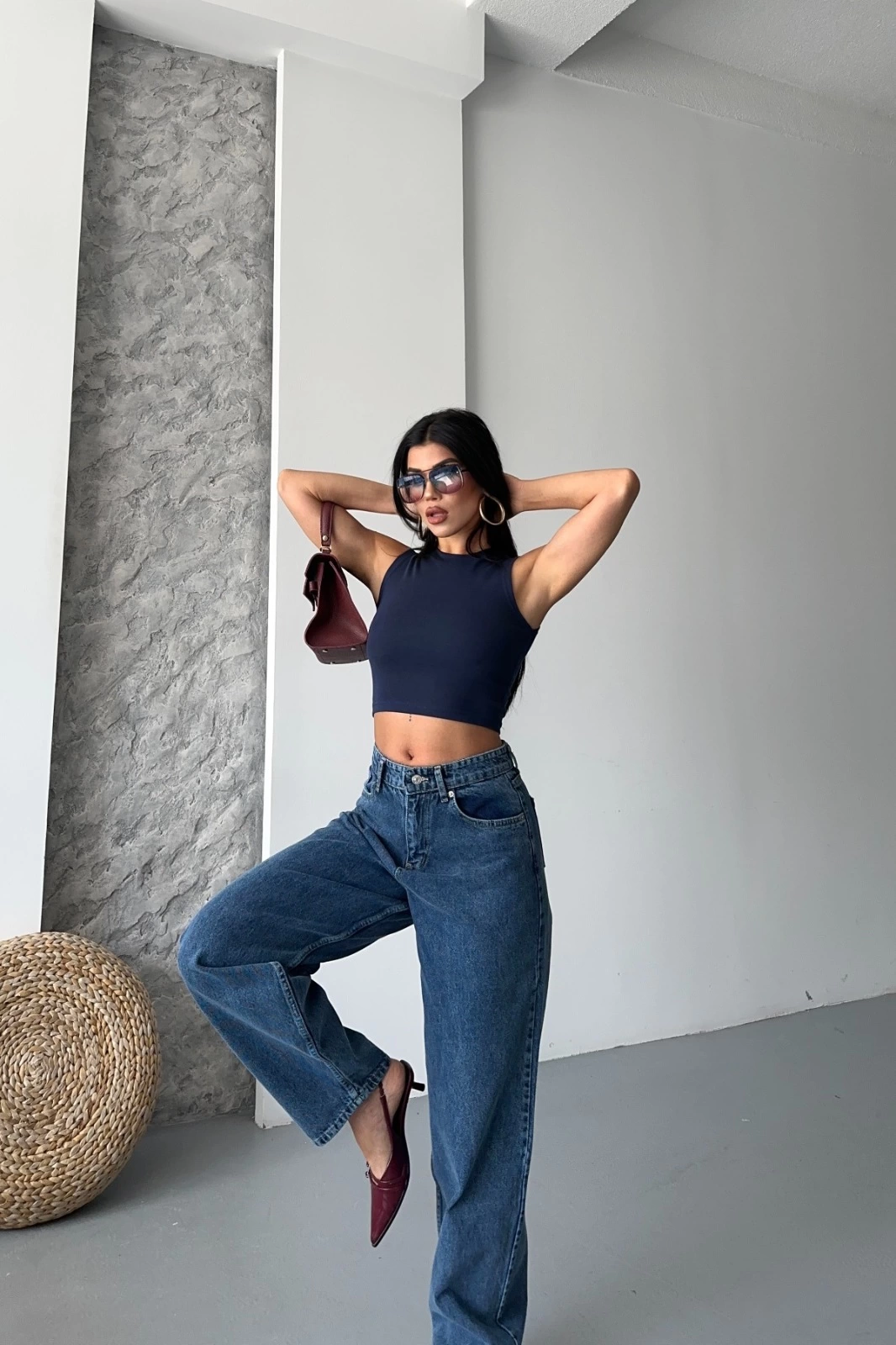 Baggy kar yıkama jeans pantolon koyu mavi d2007 - Lisinya