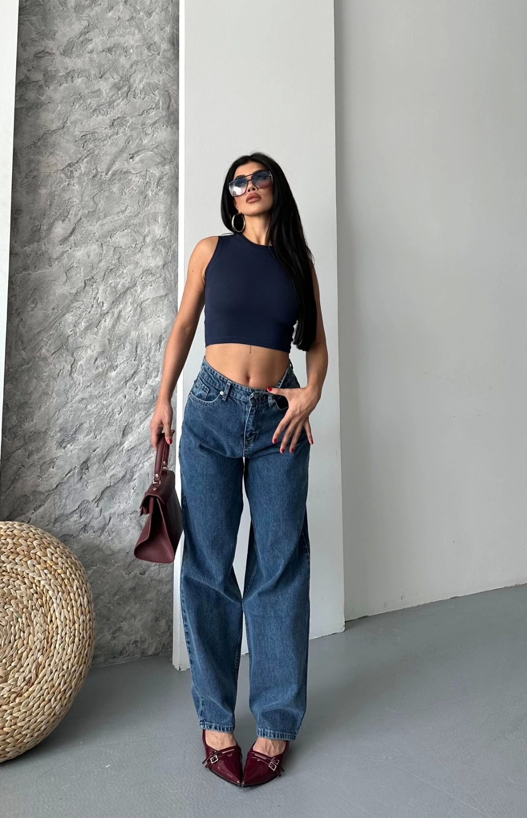 Baggy kar yıkama jeans pantolon koyu mavi d2007 - Lisinya