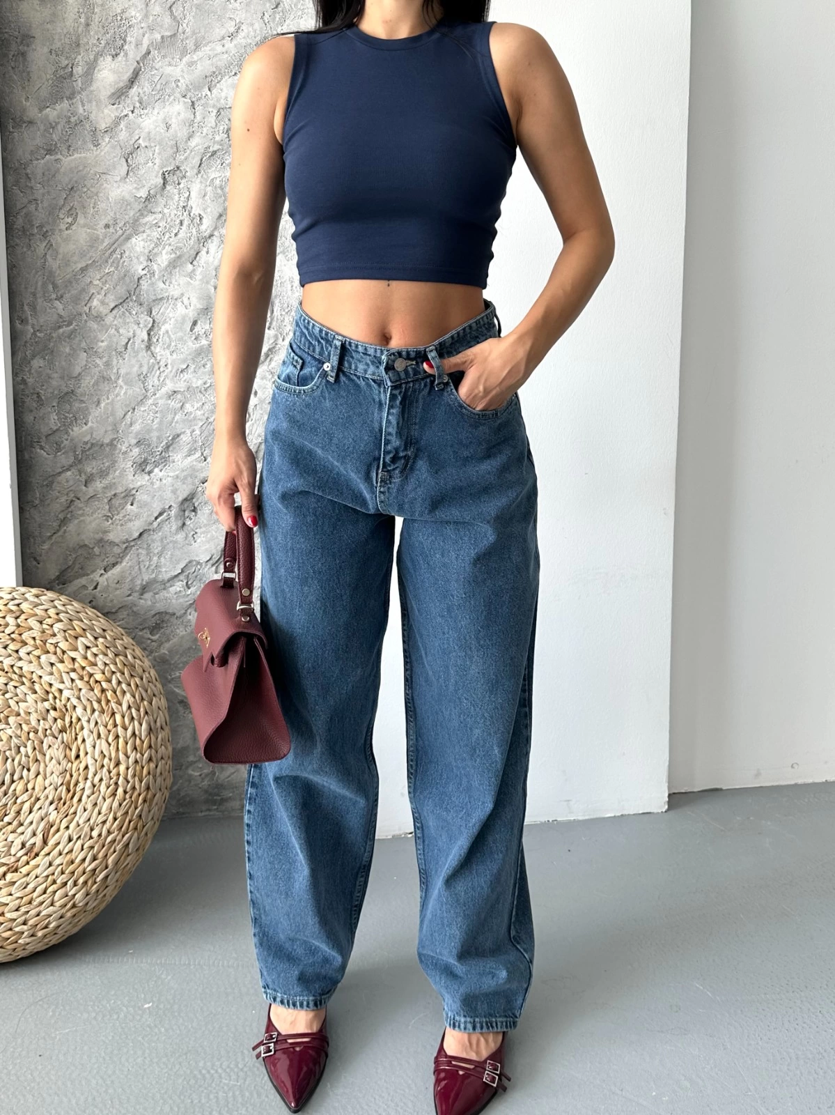 Baggy kar yıkama jeans pantolon koyu mavi d2007 - Lisinya