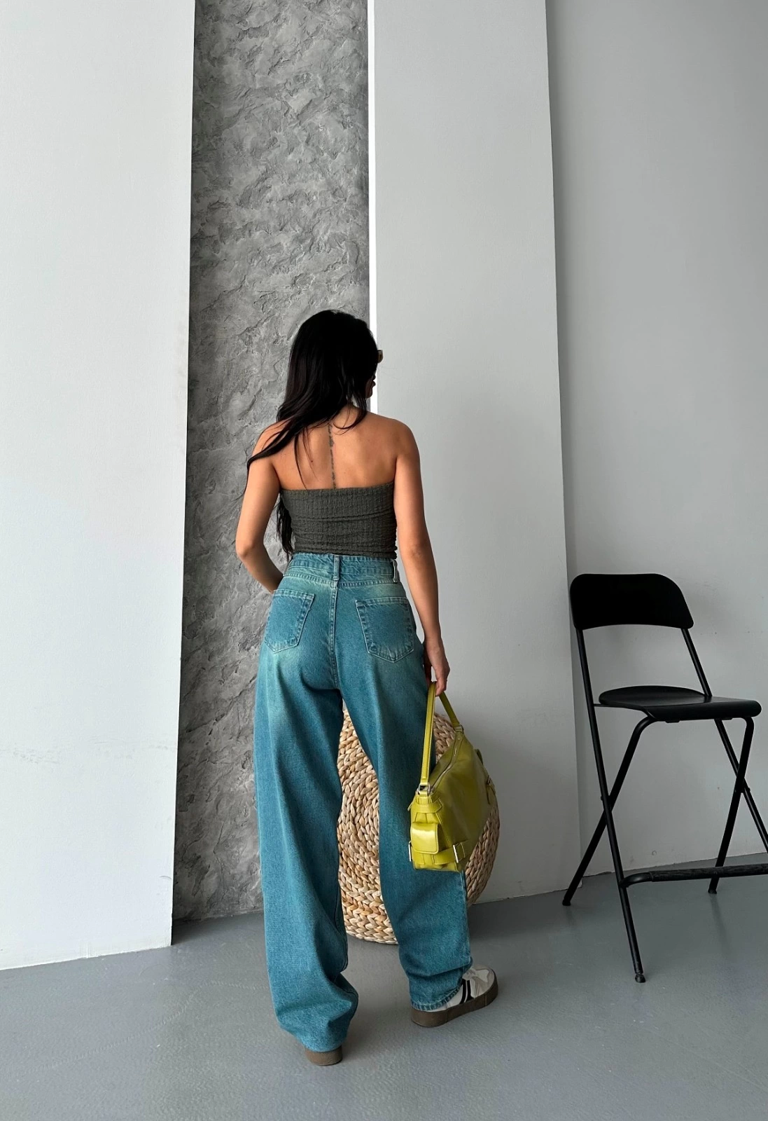 Baggy taş enzim bıyık yıkama jeans pantolon yeşil tint d2007 - Lisinya