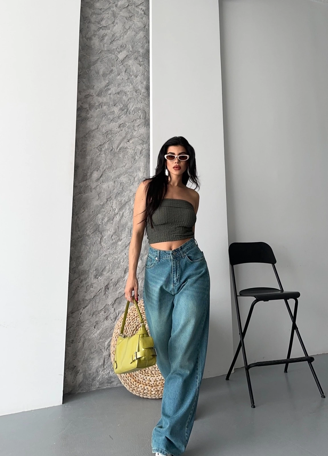 Baggy taş enzim bıyık yıkama jeans pantolon yeşil tint d2007 - Lisinya