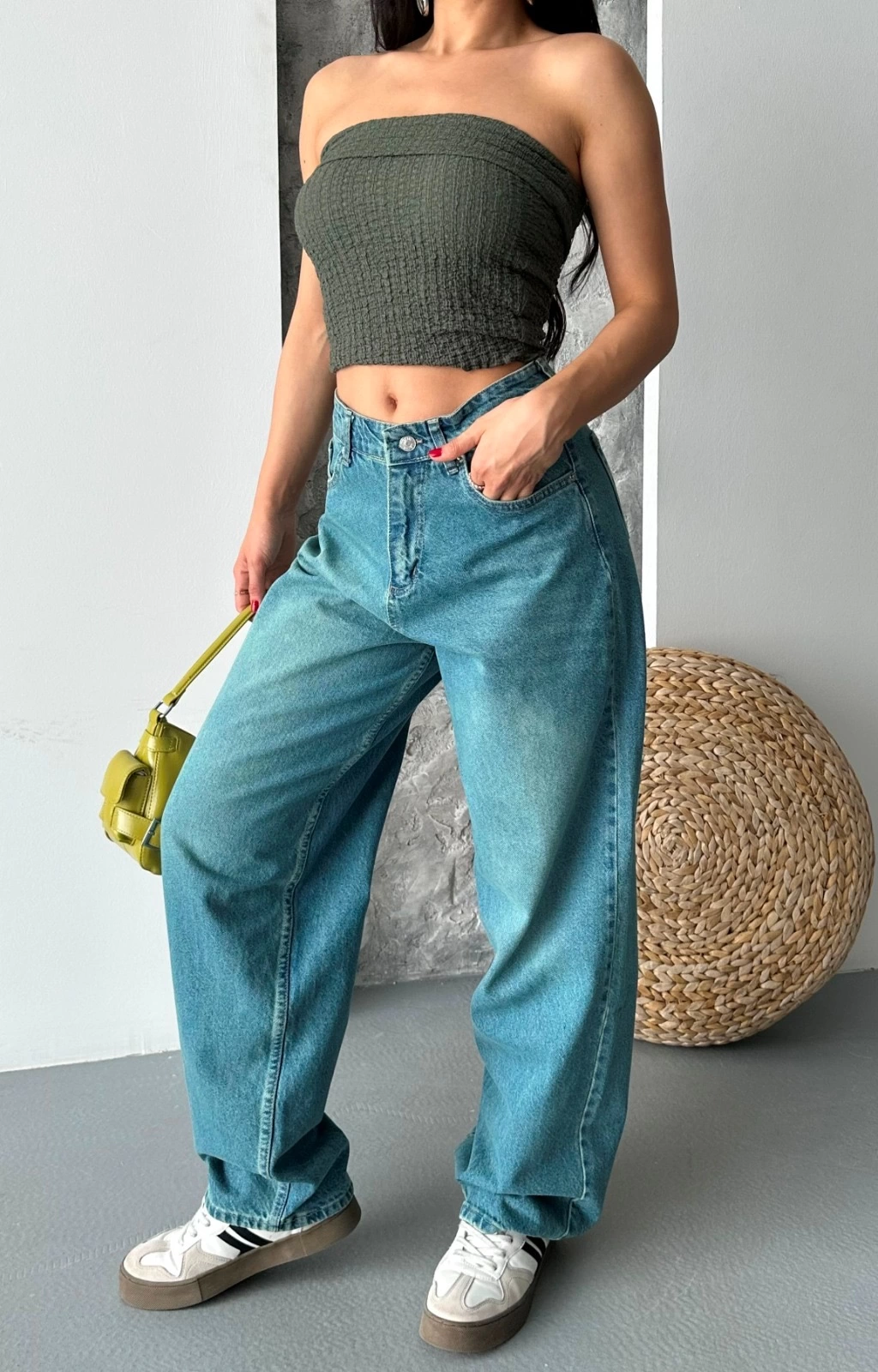 Baggy taş enzim bıyık yıkama jeans pantolon yeşil tint d2007 - Lisinya