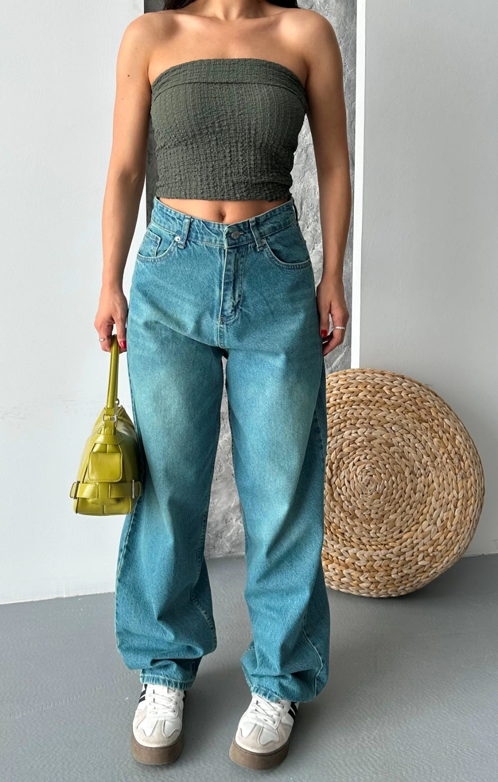 Baggy taş enzim bıyık yıkama jeans pantolon yeşil tint d2007 - Lisinya