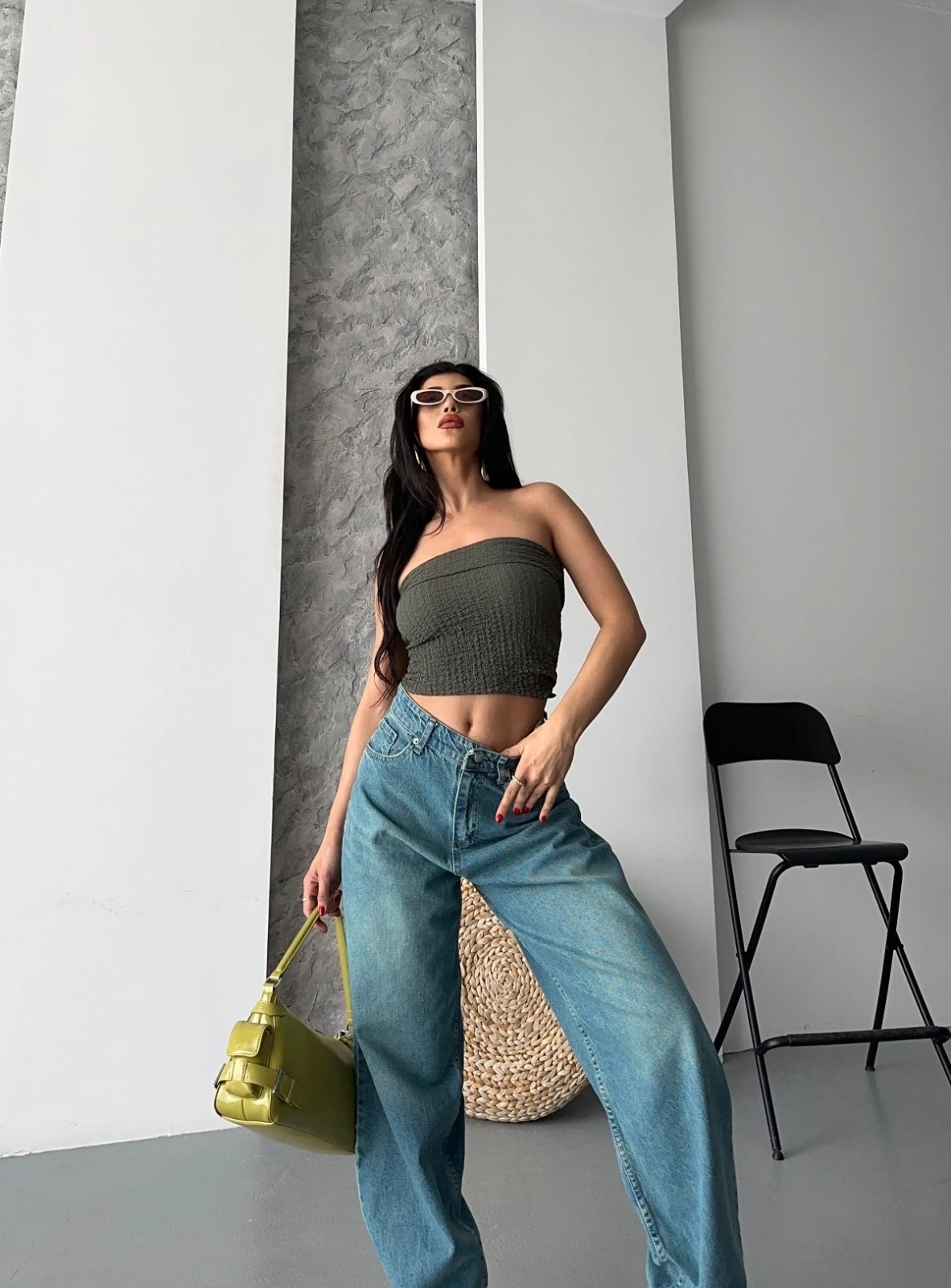 Baggy taş enzim bıyık yıkama jeans pantolon yeşil tint d2007 - Lisinya