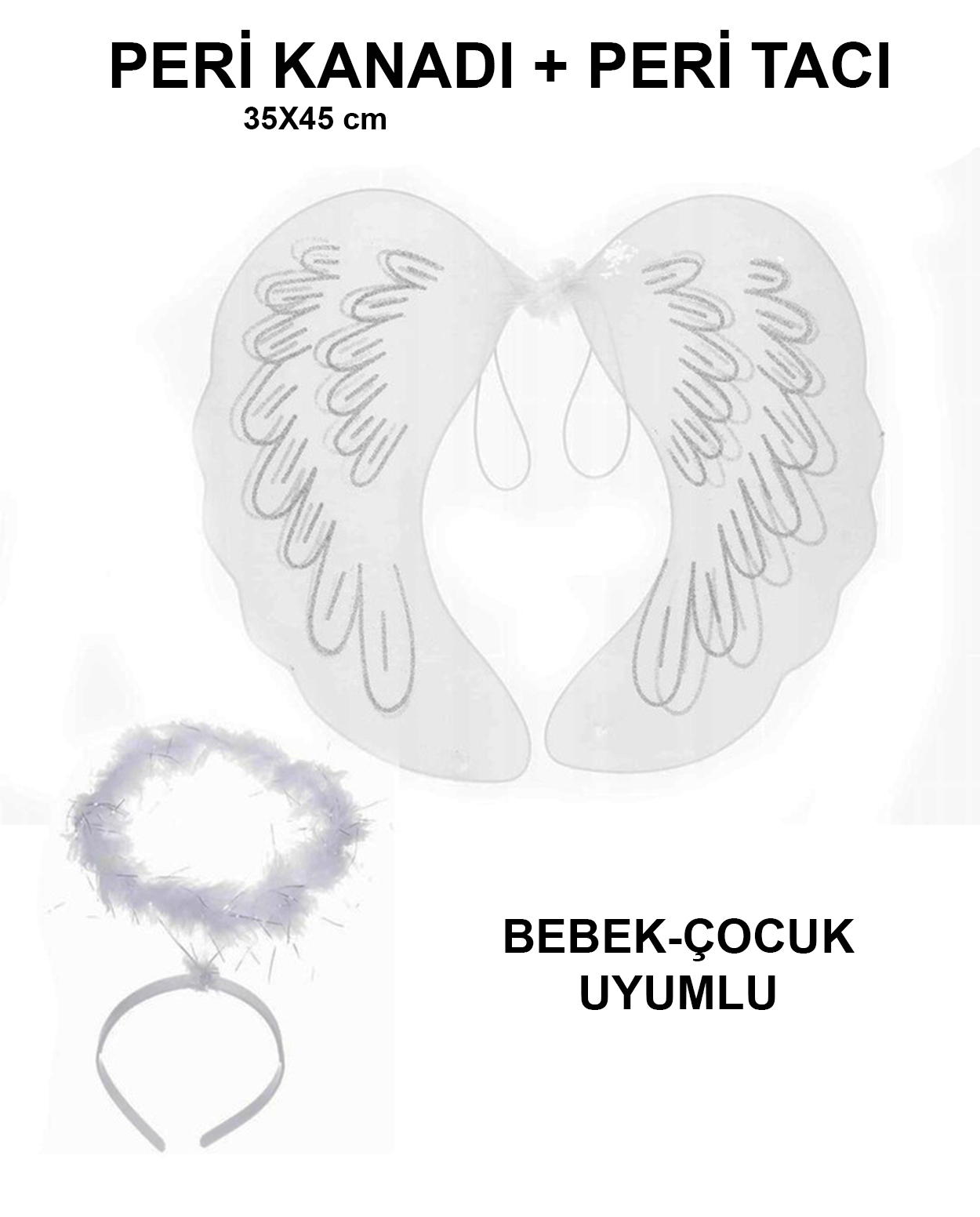 Beyaz Otrişli Dantel Tüllü Peri Kanadı ve Peri Tacı Seti 45x40 cm (Lisinya)