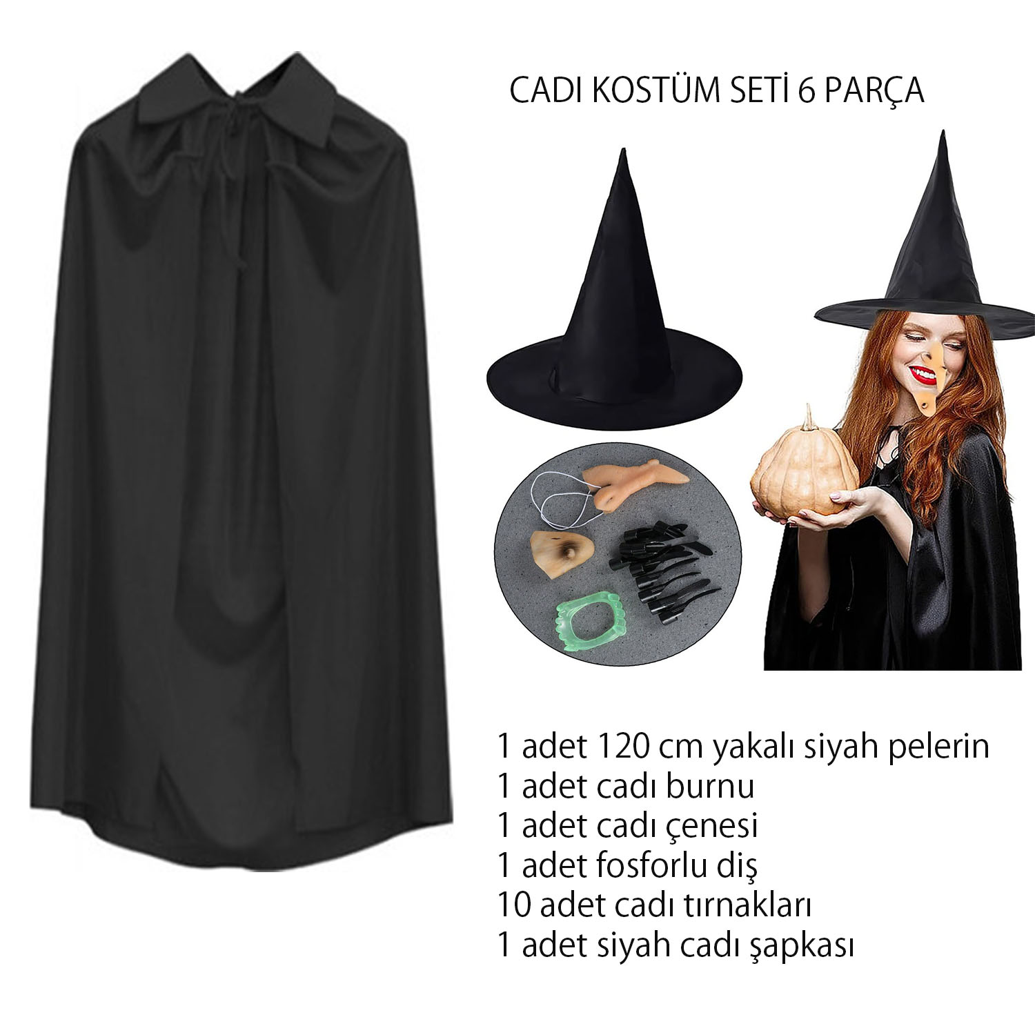 Cadı Kostüm Seti 6 Parça - Şapka Pelerin Diş Tırnaklar Çene ve B - Lisinya