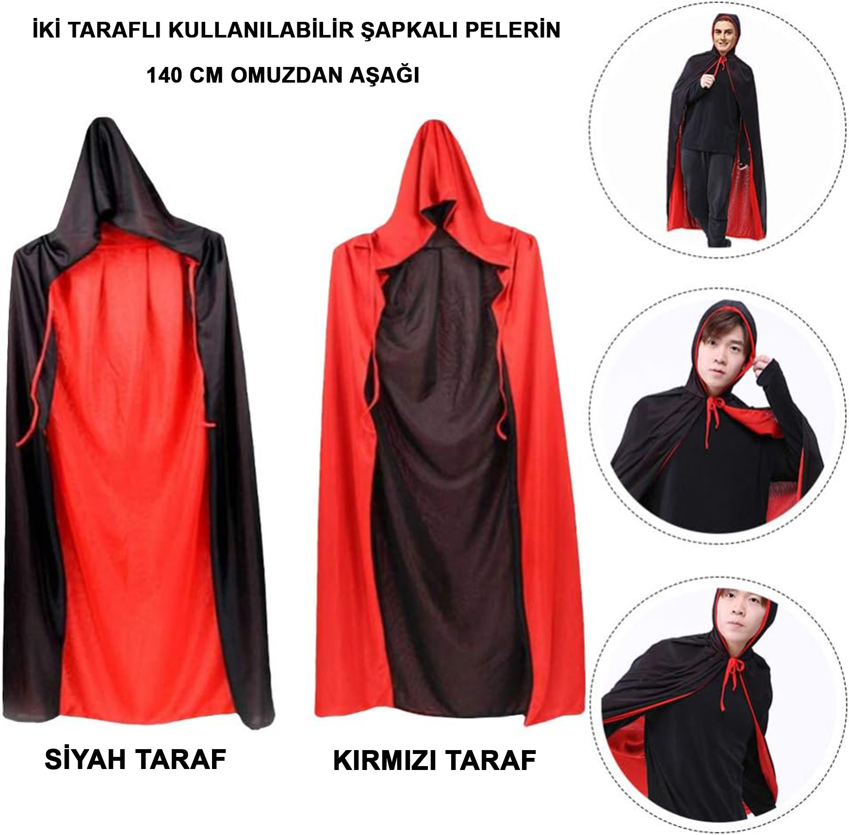 Çift Taraflı Kullanılabilir Siyah Kırmızı Kapişonlu Pelerin 140 cm Yetişkin (Lisinya) Çift Taraflı Kullanılabilir Siyah Kırmızı Kapişonlu Pelerin 140 cm Yetişkin (Lisinya)