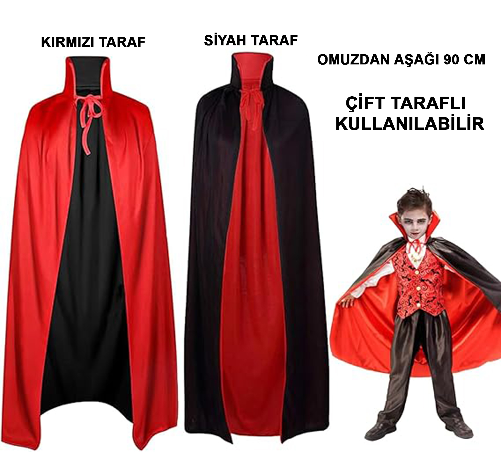 Çift Taraflı Kullanılabilir Siyah Kırmızı Yakalı Pelerin 90 cm Çocuk (Lisinya) Çift Taraflı Kullanılabilir Siyah Kırmızı Yakalı Pelerin 90 cm Çocuk (Lisinya)