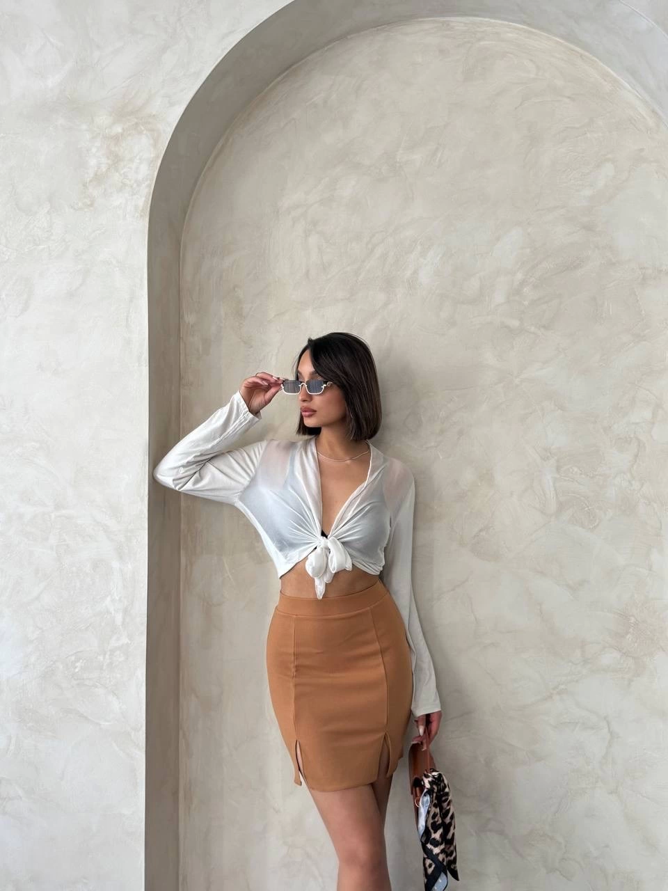 Çift yırtmaçlı etek camel s25910 - Lisinya