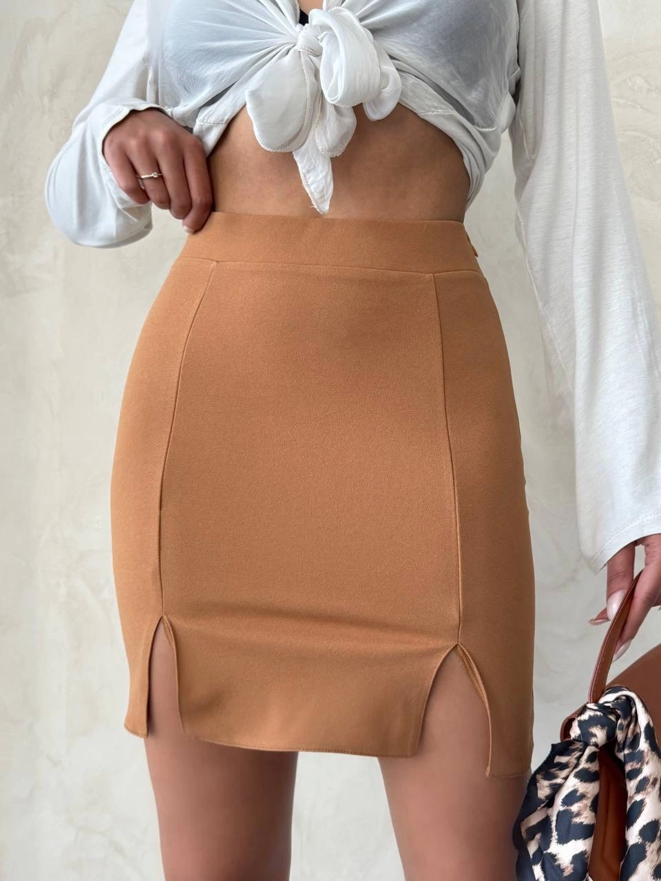 Çift yırtmaçlı etek camel s25910 - Lisinya