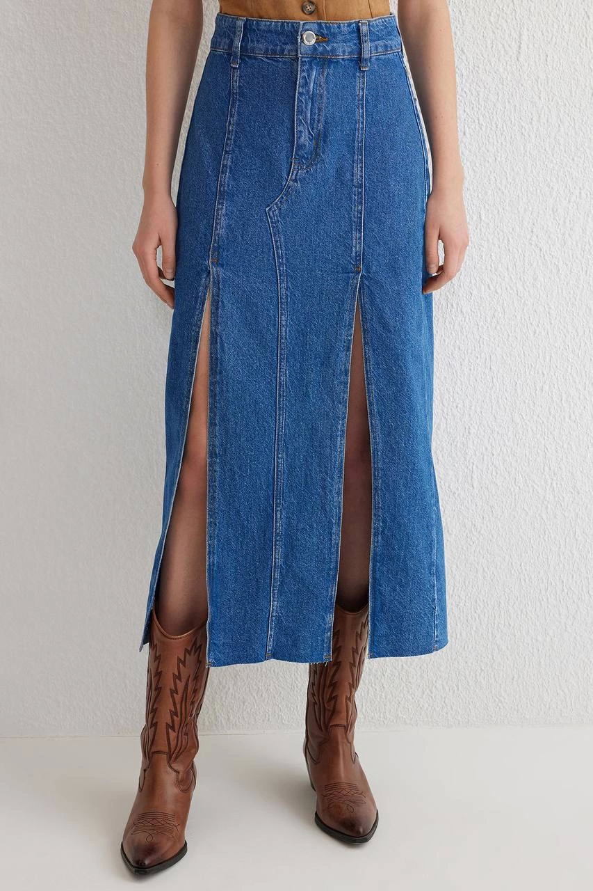 Çift yırtmaçlı jean etek s140 - Lisinya