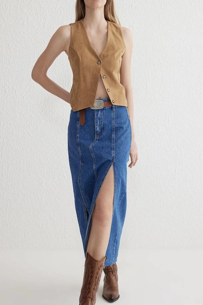 Çift yırtmaçlı jean etek s140 - Lisinya