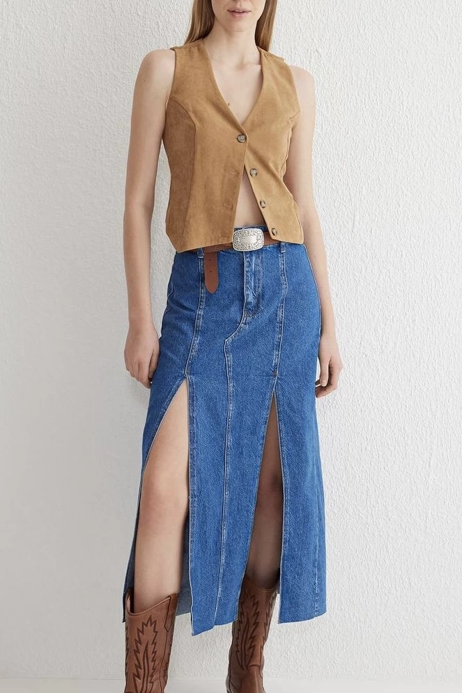 Çift yırtmaçlı jean etek s140 - Lisinya
