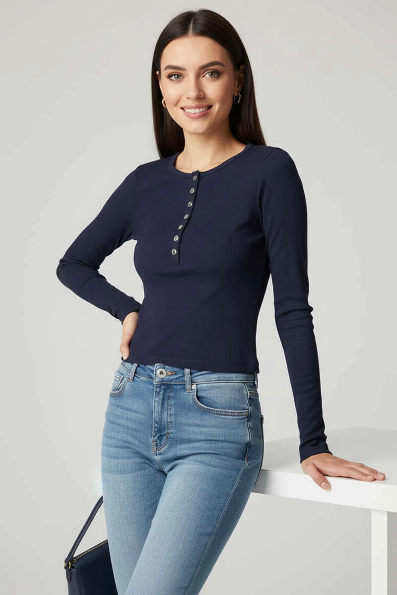 Çıtçıt Detaylı Bluz Lacivert T4343 - Lisinya