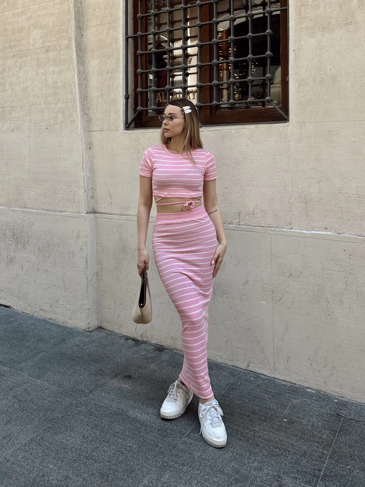 Çizgili etekli takım pembe s3609 - Lisinya