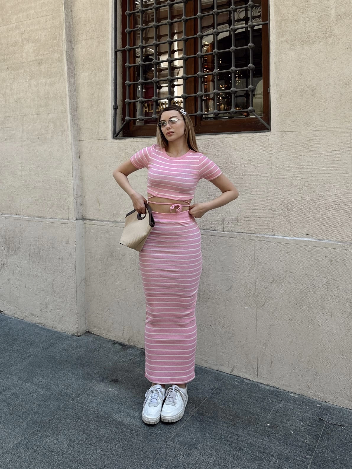 Çizgili etekli takım pembe s3609 - Lisinya