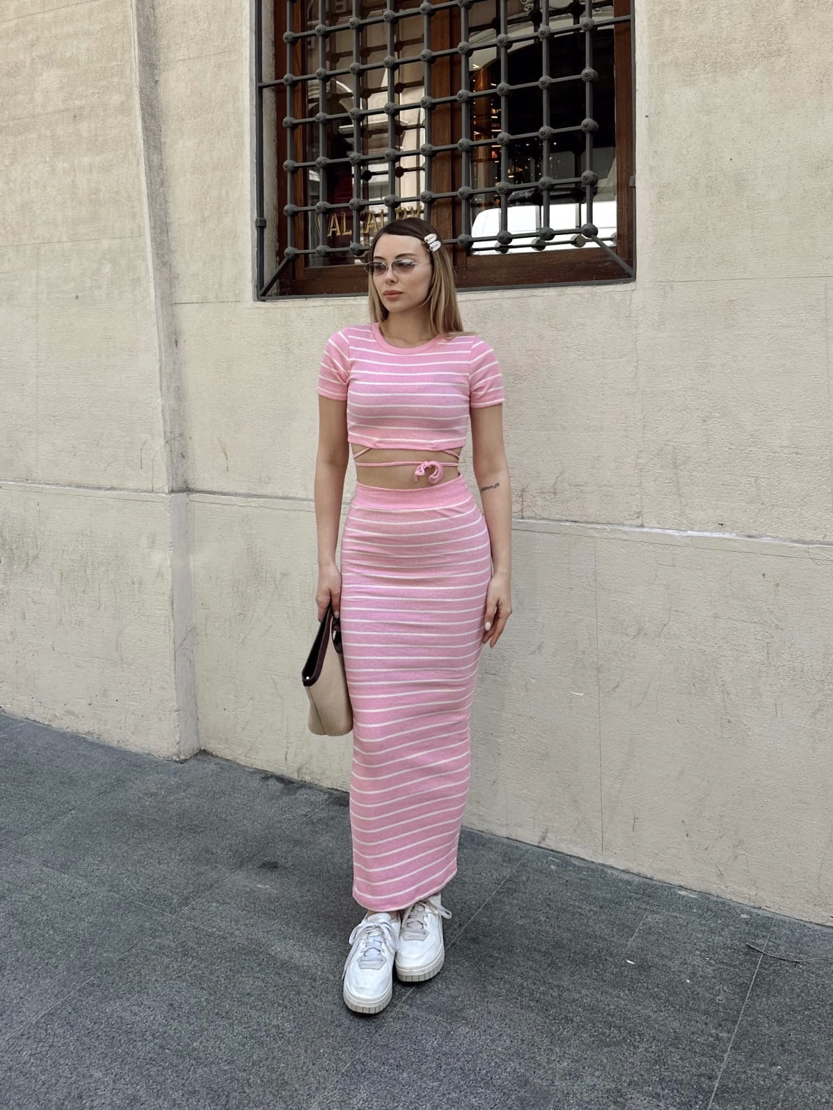Çizgili etekli takım pembe s3609 - Lisinya