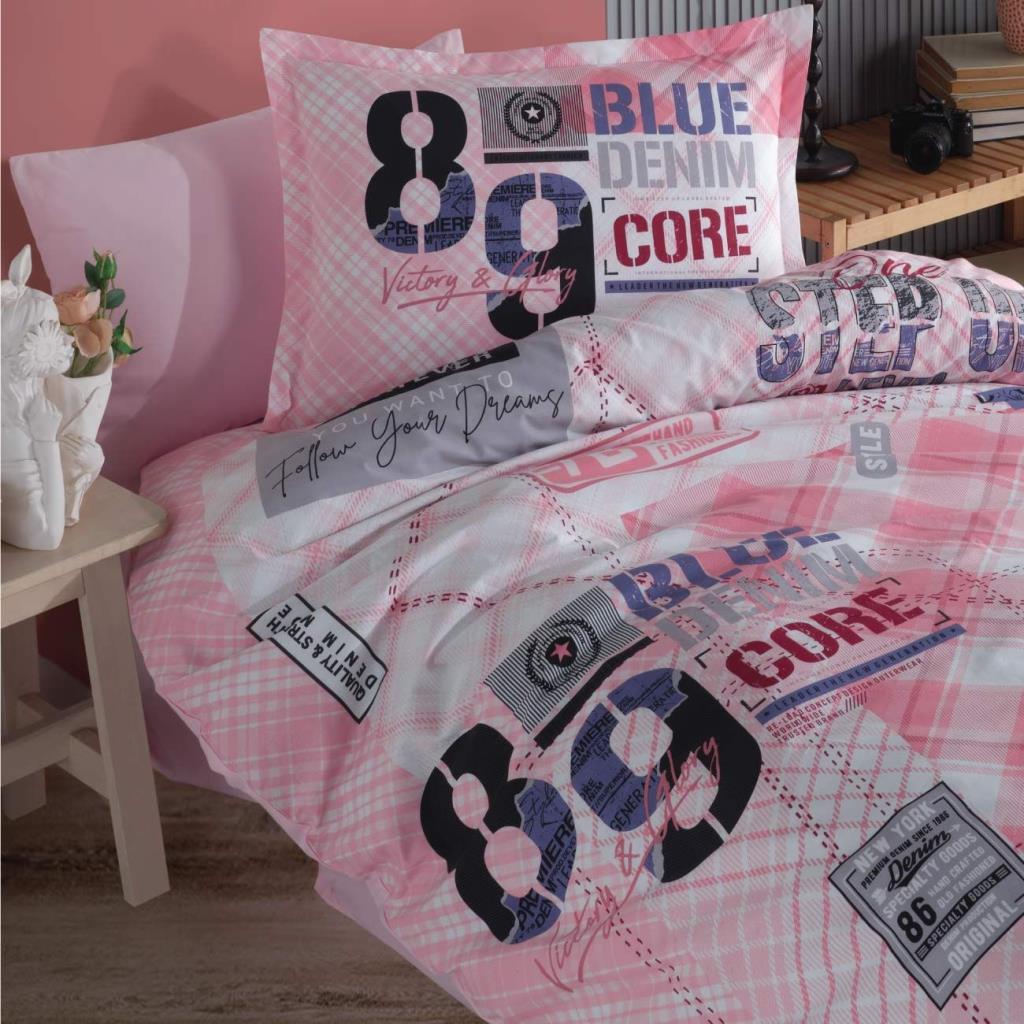Genç Ranforce Tek Kişilik Nevresim Takımı Denim v1 Pembe