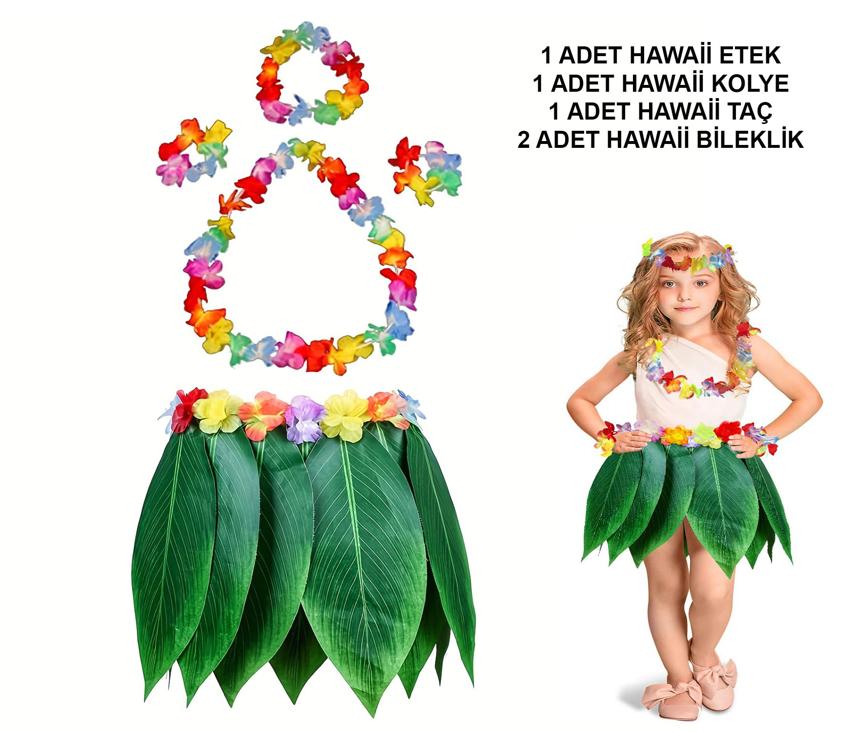 Çocuk Hawaii Kostüm Seti - Yaprak Etek & Hawaii Set - 5 Parça Çocuk Hawaii Kostüm Seti - Yaprak Etek & Hawaii Set - 5 Parça