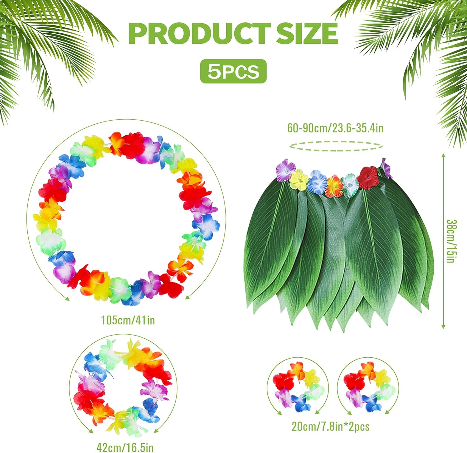 Çocuk Hawaii Kostüm Seti - Yaprak Etek & Hawaii Set - 5 Parça Çocuk Hawaii Kostüm Seti - Yaprak Etek & Hawaii Set - 5 Parça