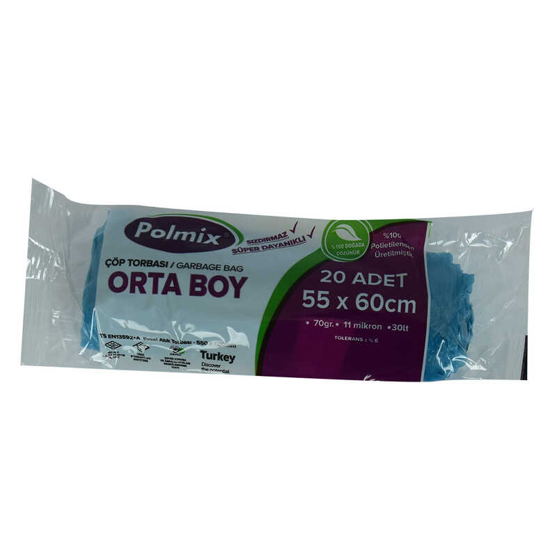 Lisinya214 Çöp Torbası Orta Boy 55x60Cm 70Gr 11Mikron 30Lt Mavi Rulo 20 Adet