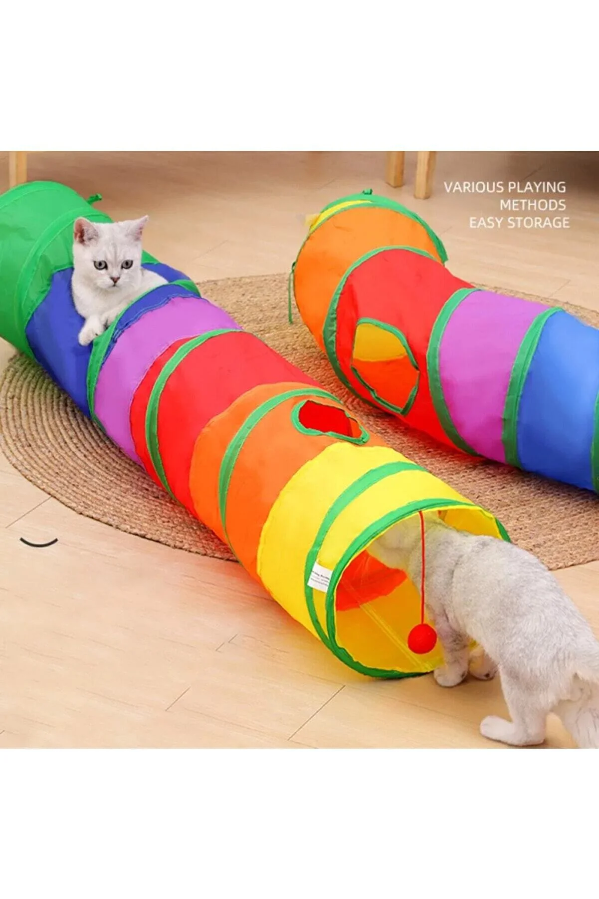 Lisinya205 Gökkuşağı Desenli  Kedi Oyun Tüneli, Katlanabilir 125 cm