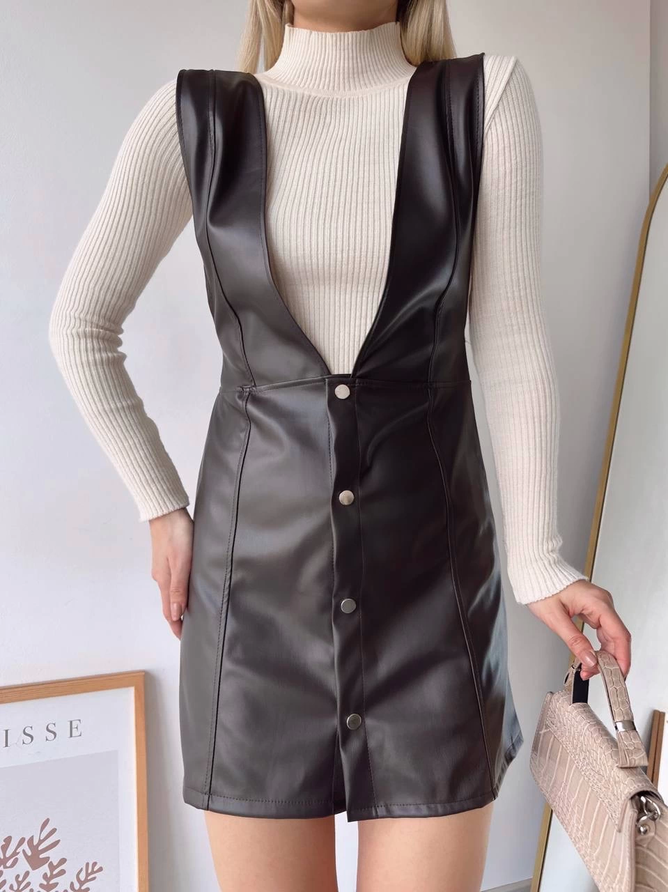 Deri jile elbise kahve w24796 - Lisinya