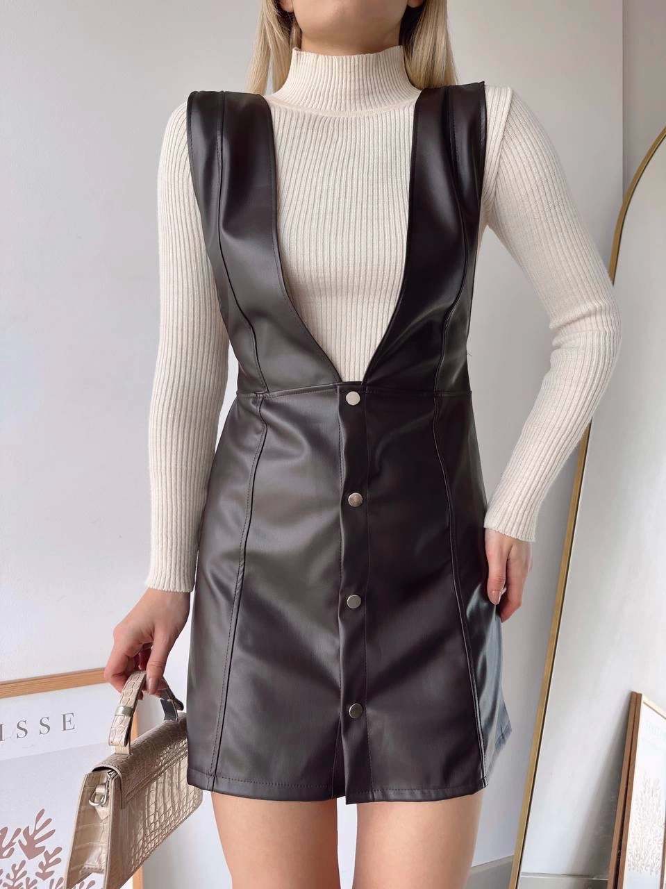 Deri jile elbise kahve w24796 - Lisinya