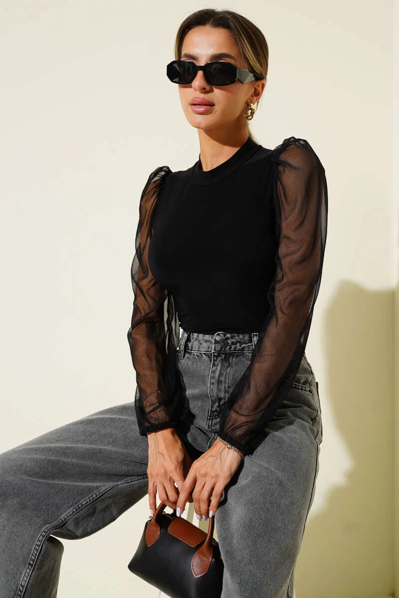 Dik yaka tül kollu bluz siyah t3066 - Lisinya