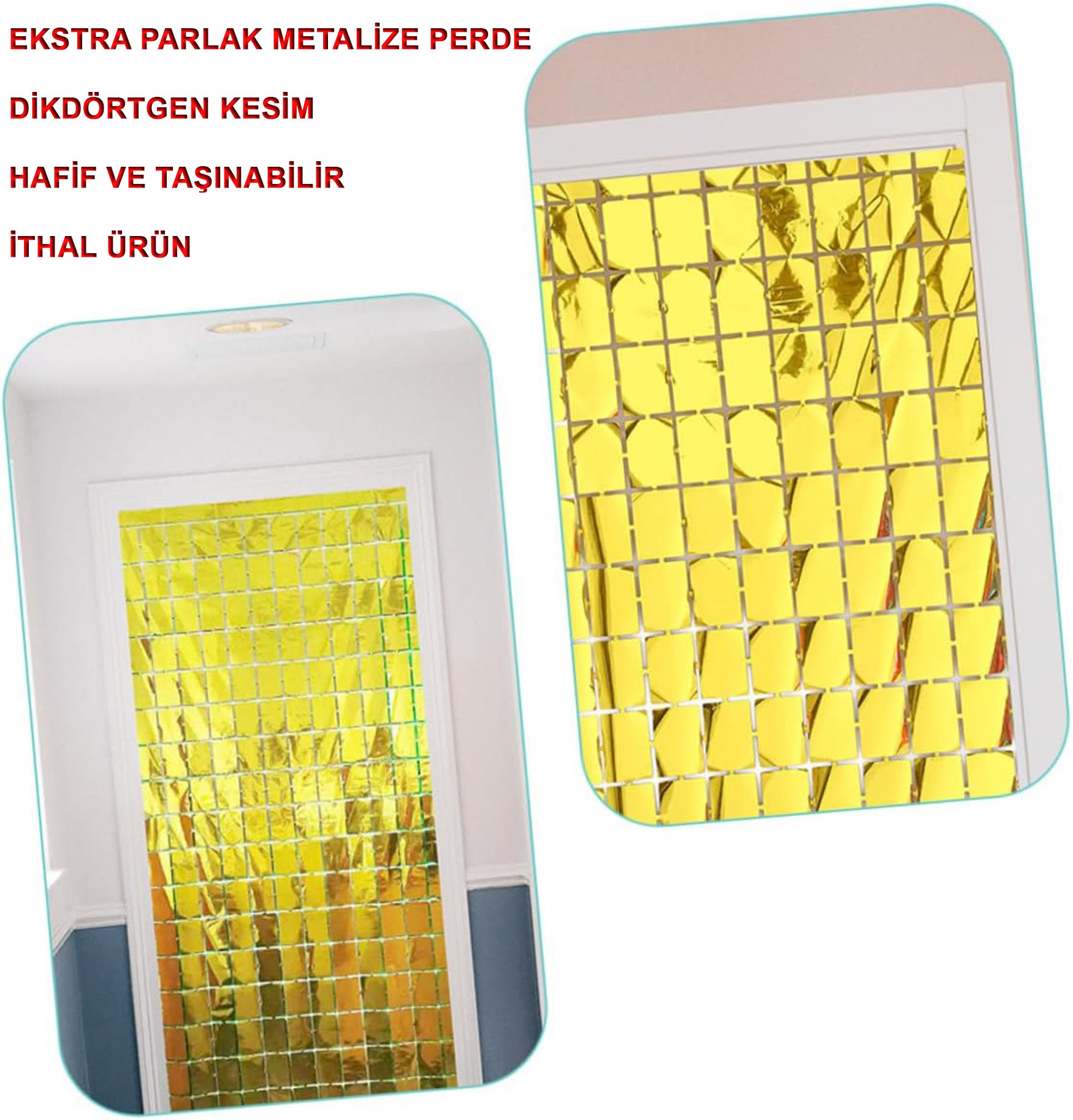 Ekstra Metalize Altın Renk Disko Dikdörtgen Kesim Kapı Perdesi Dekorasyon 1x2 Metre (Lisinya)
