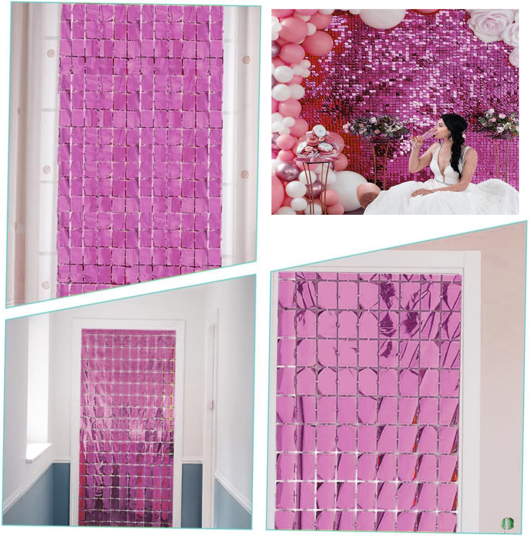 Ekstra Metalize Rose Gold Renk Disko Dikdörtgen Kesim Kapı Perdesi Dekorasyon 1x2 Metre (Lisinya)