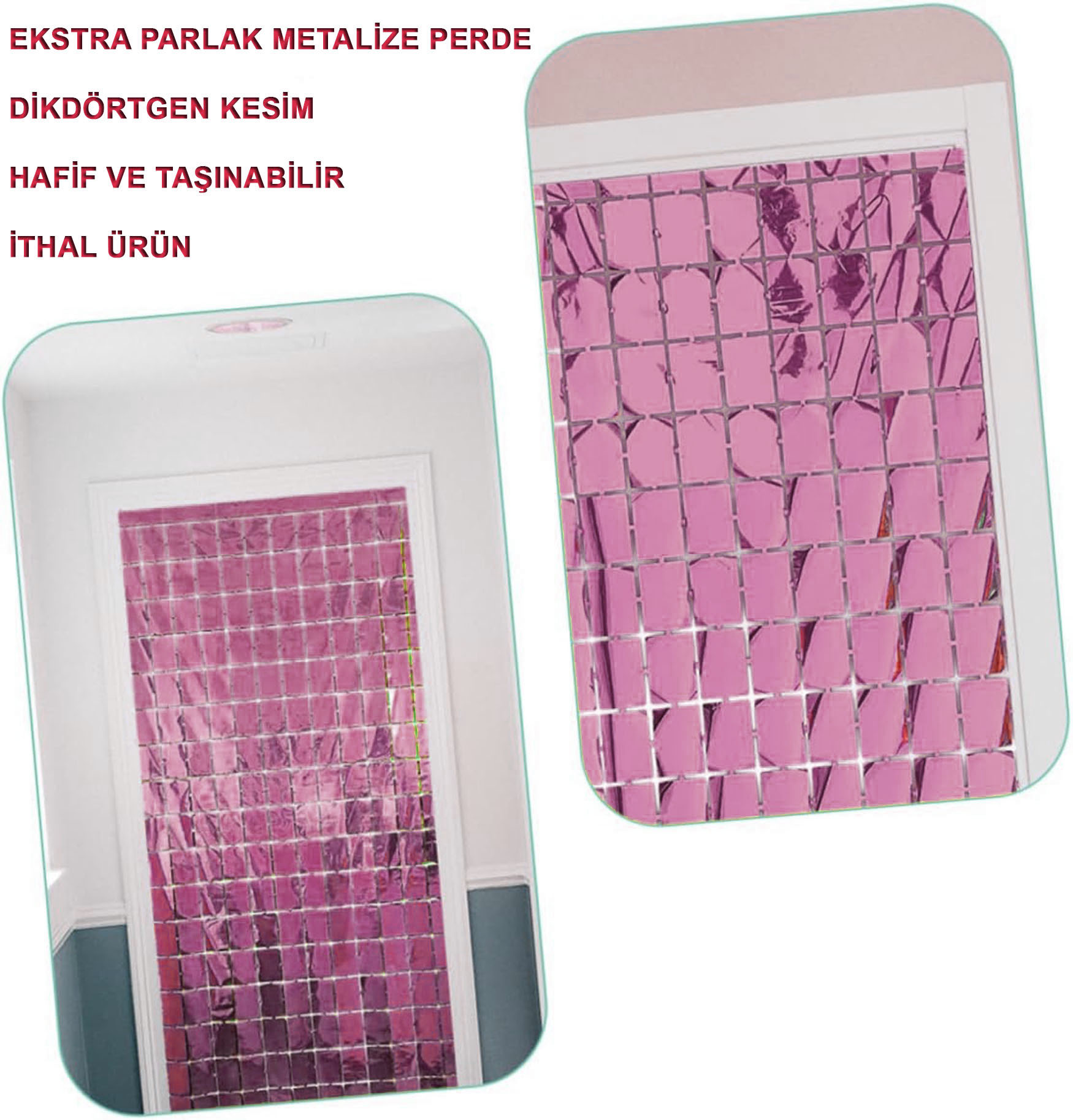 Ekstra Metalize Rose Gold Renk Disko Dikdörtgen Kesim Kapı Perdesi Dekorasyon 1x2 Metre (Lisinya)