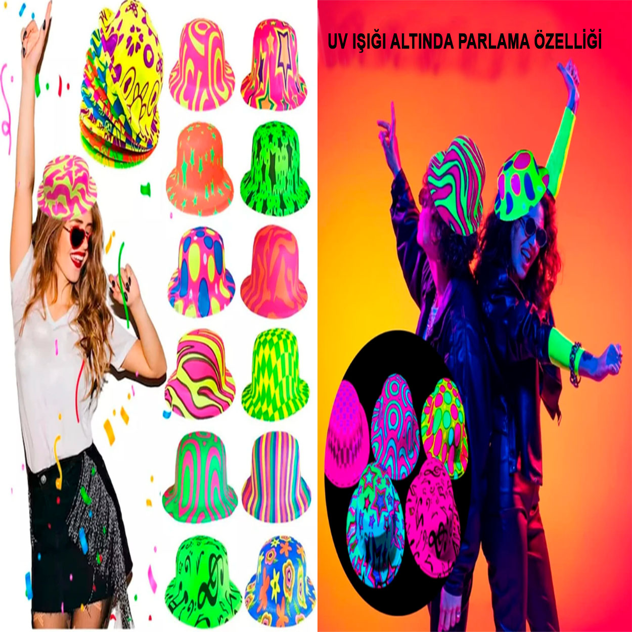 Farklı Desenlerde Plastik Neon UV Işık Parti Şapkası 1 Adet (Lisinya)