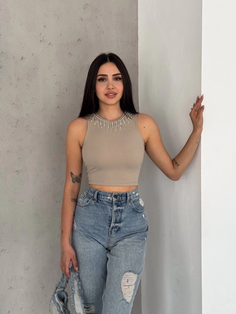 fitilli kaşkorse yakası zincirli atlet vizon - Lisinya